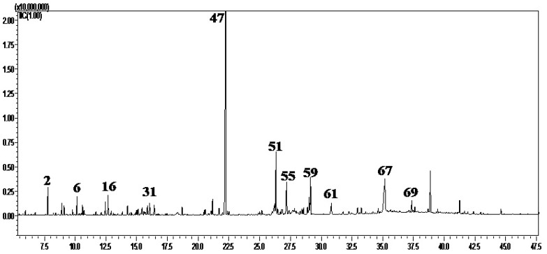 GC-chromatogram obtained with a Rtx-5MS column of the essential oil constituents isolated by hydrodistillation from Pinus roxburghii bark.