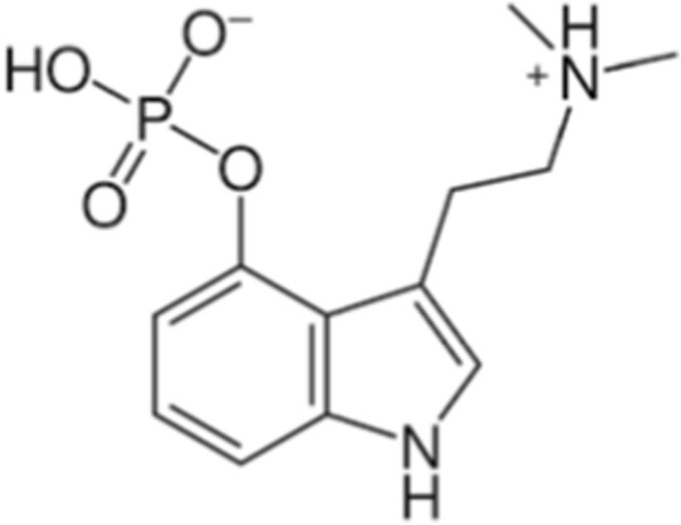 Chemical structure diagram showing a molecule with an indole ring, a phosphoric acid group attached to the benzene ring, and a side chain ending in a dimethylammonium group.