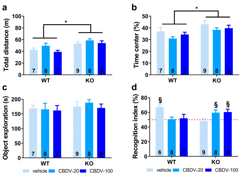 Effects of juvenile chronic CBDV administration on object recognition memory (Study 2). Locomotor activity (a) and anxiety-like behavior (b) were measured during the 20 min habituation session in the empty open field. The time spent exploring both objects (c) and the novel object recognition index (d) were computed during the 5 min sample and test phases, respectively. All behavioral parameters were measured in WT and Fmr1-KO mice treated with vehicle solution, CBDV at the dose of 20 mg/kg (CBDV-20) or 100 mg/kg (CBDV-100). Data are expressed as mean ± SEM. Numbers in histograms indicate sample size for each group. * p < 0.05; § versus chance level (50%, red dotted line).