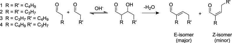 Base-catalyzed aldol condensation of pentanal and hexanal.