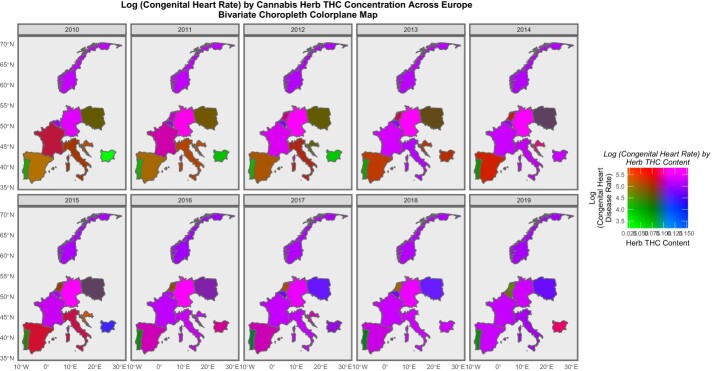 Bivariate colorplane sequential map-graphs of log (rates of CHD) by cannabis herb THC concentration across selected European countries over time, 2010–2019