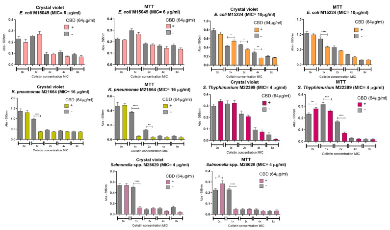 Anti-biofilm activity of CBD and colistin. Each strain was cultured for 48 h to develop biofilm and then treated with the compounds, alone or in combination, at a fixed concentration of CBD and variable concentrations of colistin (expressed as multiples of the MIC for colistin alone). The grey bar in each graph shows the bacterial growth with the indicated concentration of colistin alone with no CBD. One-way ANOVA followed by Bonferroni’s post hoc test, comparing CBD− and CBD+ conditions for each concentration of colistin; n = 8. Statistical significance: * p < 0.05, ** p < 0.01, *** p < 0.001, **** p < 0.0001.