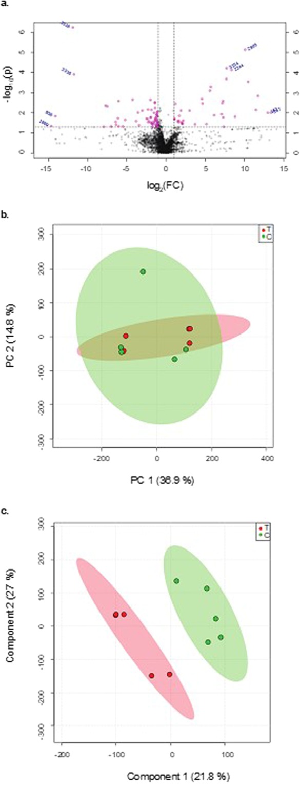 Fecal metabolome changes in 5X samples. (a) Volcano plots showing the metabolites with differential abundance between THC treated mice and the controls. These were selected based on fold change (X-axis) and p-value in (Y-axis). The m/z values (highlighted in pink) represent a fold change of ≥0.5 or ≤2.0 and p-value ≤ 0.05 in THC administered mice compared to the vehicle controls and were selected for further characterization. (b) PCA score scatter plots based on fecal metabolic profiling of THC (n = 5) and control (n = 5) mice c) PLS- DA score plots based on detected fecal metabolites from THC administered (n = 5) and control (n = 5) mice. T, THC administered mice, C, control mice.