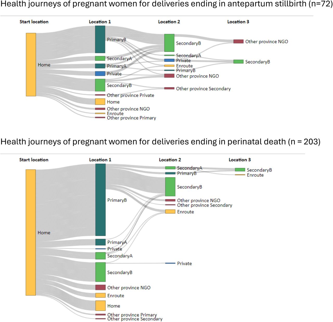 Sankey diagrams show the pathways through the healthcare system taken by women for delivery prior to stillbirth or neonatal death. The pathway starts on the left with all women at home and the pathway ends to the right when the woman delivers. Moving from left to right the diagram shows each subsequent healthcare facility encounter. Thus, the pathways of women that visited several facilities prior to delivery extend further to the right. A home birth is indicated by ‘Home’ for Location 1. The width of the left-to-right flowing grey bars represents the proportion of women travelling to each facility type. The height of the coloured nodes represents the proportion of women presenting to that facility. The colours represents health system levels (yellow: community, dark green: in province primary, light green: in province secondary, blue: in province private, red: out of province facility)
