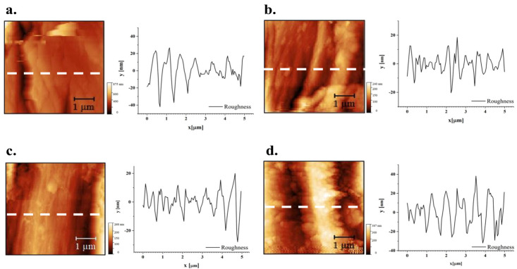 AFM images of flax fibres: (a) sample FNT, (b) sample FT-MIN; (c) sample FT-MED; (d) sample FT-MAX.