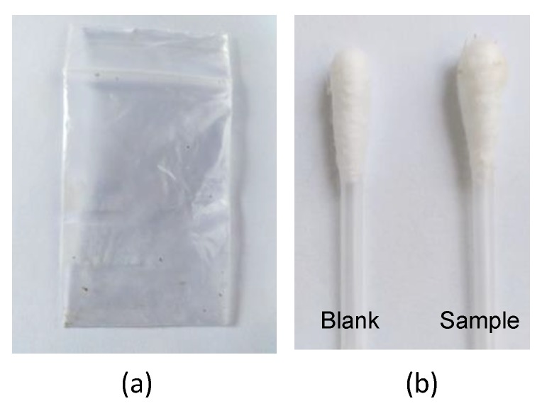 Images obtained in the studies for the analysis of residues of cannabis: (a) a plastic bag after the removal of the plant; (b) swabs after collecting the residue; and an unused swab (blank).