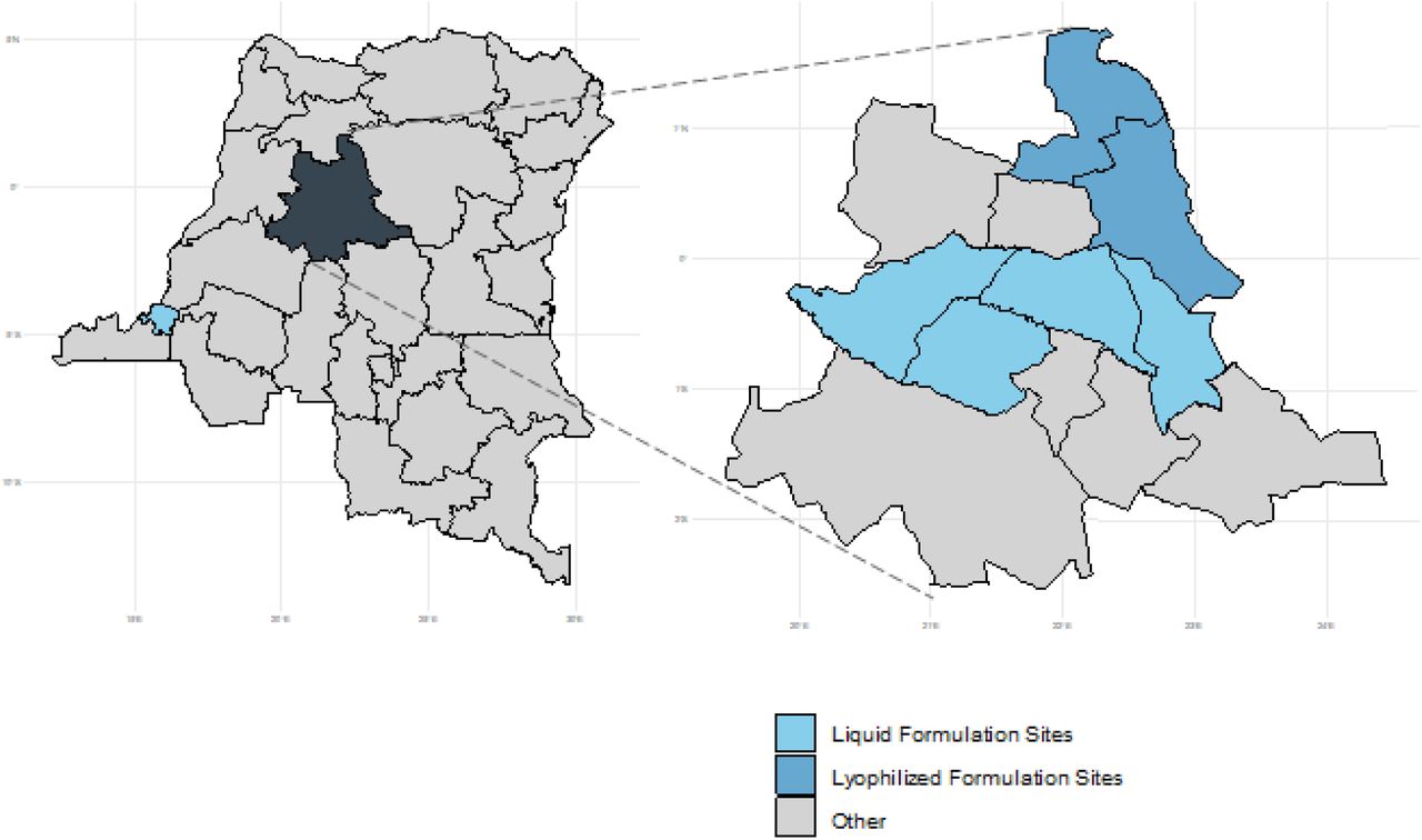 Locations of study sitesThe figure represents the provinces of the Democratic Republic of the Congo. Highlighted on the left are Kinshasa and Tshuapa, the primary provinces of the study. The health zones within Tshuapa province (right) and the whole province of Kinshasa (light blue on left map) are colored based on where each formulation was used.