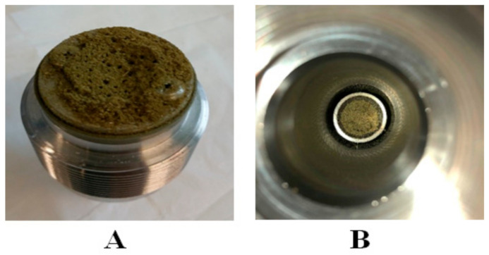 Schematic representation of bottom floor of the sample holding chamber in Helix unit. (A): bottom filter was blocked during depressurization of CO2 from bottom outlet. (B): cannabis sample placed at the top of cone.