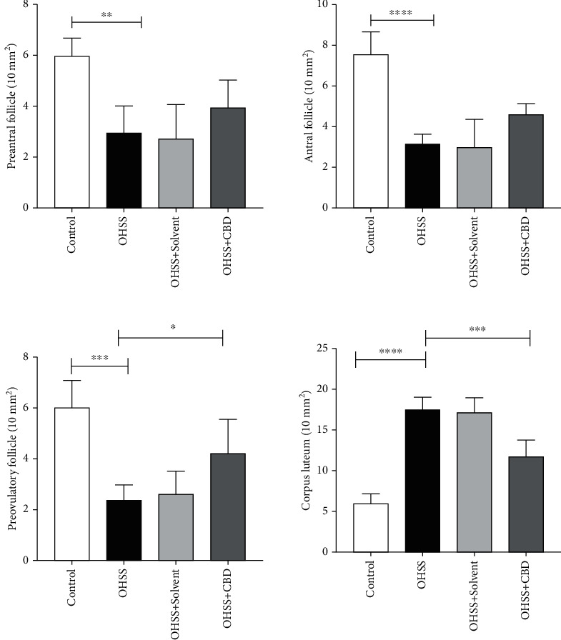 Effect of CBD on the morphology of ovary in a mice model of OHSS using quantitative morphometric analysis of the ovarian sections following H&E staining. Follicles were categorized based on the development stage presented in materials and methods. Values are presented as the number of follicles per 10 mm2. Data are presented as the mean ± SD (∗∗p < 0.01, ∗∗∗p < 0.001, and ∗∗∗∗p < 0.0001).