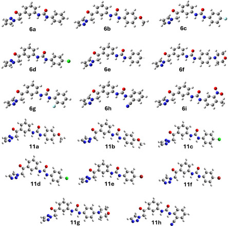 Calculated minima structures of new N,N′‐diarylureas 6a–i and 11a–h at the B3LYP/6‐311+g(d,p) methodology in THF solvent. (Atoms C = grey balls, H = white, O = red and N = blue).