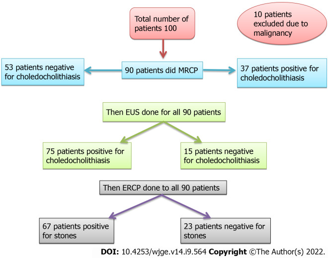 Flow chart of the studied patients. MRCP: Magnetic resonance cholangiopancreatography: EUS: Endoscopic ultrasound; ERCP: Endoscopic Retrograde Cholangiopancreatography.