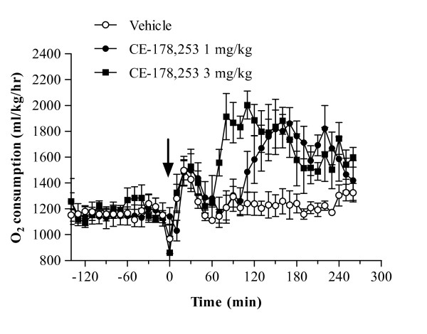 Stimulation of acute energy expenditure by CE-178253. Male S-D rats were given veh. (0.5% MC), 1 mg/kg or 3 mg/kg CE-178253 (p.o.). Energy expenditure, measured by indirect calorimetry, was measure for 2 hr before dosing and 4 hr after dosing. The mean ± SEM (n = 8/group) is displayed. * = p < 0.05 vs. veh.