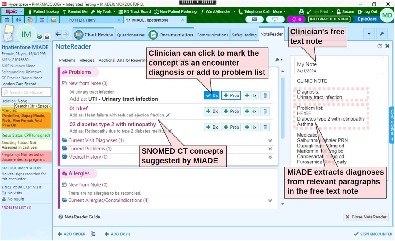 Screenshot of the Epic NoteReader electronic health record interface, which displays the clinical note and MiADE suggestions side by side. The clinician can add the SNOMED CT concepts suggested by MiADE to the problem list with a few clicks. The MiADE suggestions are prefixed by numbers to ensure that NoteReader displays them in the correct order. Copyright Epic Systems Corporation.