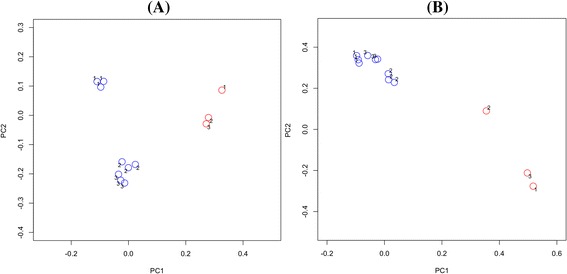 Principal coordinates analysis of saliva and seven-day biofilms. Plots are based on community membership using the Jaccard index (A) and community structure using the thetaYC calculator (B). Blue - biofilms; red - saliva. Labels indicate the panel number. A: PC1 = 8.6% of variance, PC2 = 5.2% of variance. B: PC1 = 33.1% of variance, PC2 = 19.3% of variance.