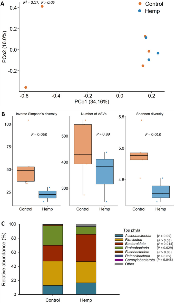 (A) Principal coordinates analysis (PCoA) plot of the Bray–Curtis dissimilarities of the uterine microbiota. The percentage of variation explained by each PCoA is indicated on the axes; (B) Box and whisker plot of the number of ASVs and the Shannon and inverse Simpson’s diversity indices for the uterine microbiota by diet on d 112 (slaughter). The box indicates the interquartile range (IQR) (middle 50% of the data), the middle line represents the median value, and the whiskers represents 1.5 times the IQR; (C) Stacked bar chart of the 7 most relatively abundant bacterial phyla in uterine microbiota by diet; Control refers to the group of heifers that received 20% DDGS in their diet (n = 5) and Hemp refers to the group that received 20% hempseed cake inclusion diet (n = 3).