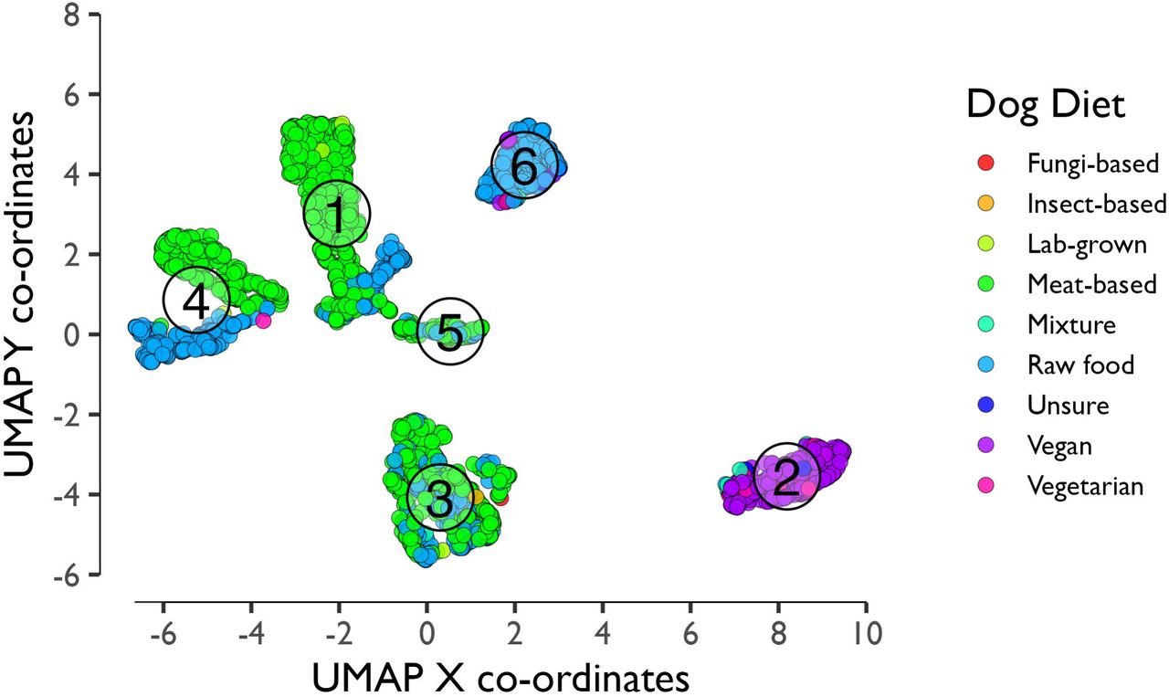 Visualisation of owner metadata by Uniform Manifold Approximation and Projection with Density-Based Spatial Clustering.Metadata for 2,609 owner-dog pairs were pre-processed with all factors as numeric and subject to dimension reduction with the UMAP projection technique. Owner variables included in this visualisation were diet, sex, location, education and income; animal variables included were age, sex, neuter status, diet and breed size category. Healthcare variables were not included. Each individual row of the data (owner-dog combination) contributes one UMAP x and y coordinate. Points colour-coded by dog diet (a) or owner diet (b), where 5 distinct clusters are evident. (c) Silhouette plot depicting how well clusters were separated within the UMAP; silhouette values measure how similar the point is to its own cluster relative to other clusters, with positive and negative values indicating good and poor matching, respectively. The numbers in circles are the average silhouette score for each cluster, whereby values of 0.26-0.50, 0.51-0.70 and 0.71-1.00 representing weak, reasonable and strong clustering, respectively.