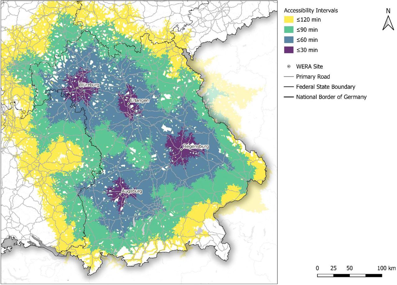Accessibility of the four WERA sites by private car within given time intervals: ≤30 minutes (purple), ≤60 minutes (blue), ≤90 minutes (green), and ≤120 minutes (yellow). Uncolored areas either did not fall within the 120-minute accessibility range or failed to meet basic model requirements, such as being within a 15-minute walk of a road accessible to both pedestrians and cars. These areas included forests, large bodies of water, mountain ranges, and regions designated for military or environmental purposes.