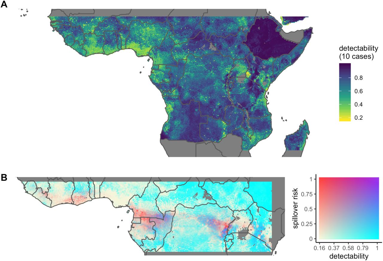 A. Estimated detectability of a cluster of ten cases of Ebola virus disease, based on full reporting of clinical features and incorporating geospatial estimates of per capita malaria, dengue, yellow fever, typhoid, invasive non-typhoidal Salmonella, Crimean-Congo-haemorrhagic fever, and diarrheal disease incidences. B. Estimated detectability of ten cases of EVD (blue) vs. expected spillover risk (red) 24.