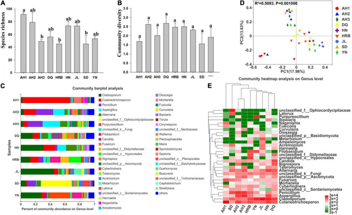Fungal community composition within and among the nine geographic populations of the hemp flea beetle P. attenuata in China. (A) Histogram of species richness (number of OTUs). (B) Histogram of community diversity measured by Shannon index. Letters above each population indicate significant differences (one-way ANOVA, Tukey test, P < 0.05, see Table 3) in the mean values. (C) Relative abundance of fungal genera in different populations. (D) Principal components analysis (PCoA) plots of fungal communities based on the Bray-Curtis distance. Each symbol or color represents a sample. The significant differences in beta diversities were analyzed using Adonis analysis with 999 permutations, P < 0.05. (E) Heatmap showing the relative abundance of top thirty genera. Hierarchical cluster analysis was based on the Bray – Curtis distance with average method.