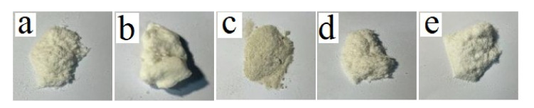 Examples of CMC powders from (a) pine wood, (b) bamboo, (c) pine needles, (d) bamboo leaves, and (e) hemp hurd.