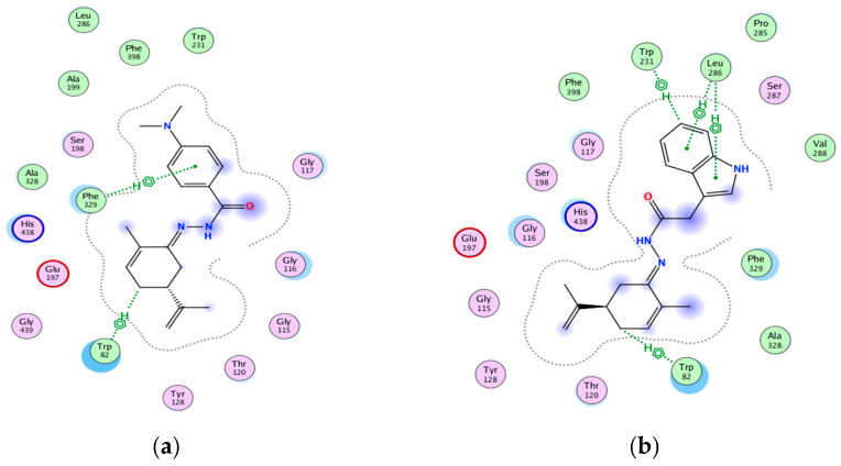 Two-dimensional MOE ligand–receptor interaction map of compounds 3fR (a) and 3gR (b) in the hBChE active-site gorge.