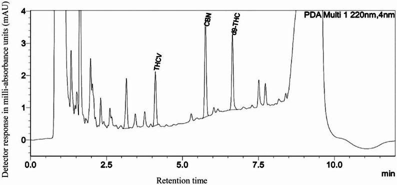 HPLC chromatogram of cannabinoids in the Anti-Pom-Leung Fever medicine. The x-axis represents retention time (min), and the y-axis represents detector response in milli-absorbance units (mAU)