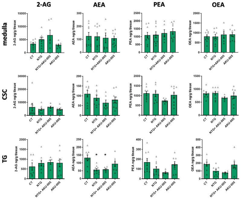 Levels of endocannabinoids and related lipids (expressed as ng/g tissue) in the medulla, cervical spinal cord (CSC), and trigeminal ganglion (TG). Data are expressed as mean ± SEM. One-way ANOVA followed by Tukey’s multiple comparisons test; * p < 0.05 vs. CT. Individual subjects’ values are represented as triangle; N = 6–9. Legend: 2-AG, 2-arachidonoylglycerol; AEA, arachidonoylethanolamine; PEA, palmitoylethanolamide; OEA, oleoyl ethanolamide.