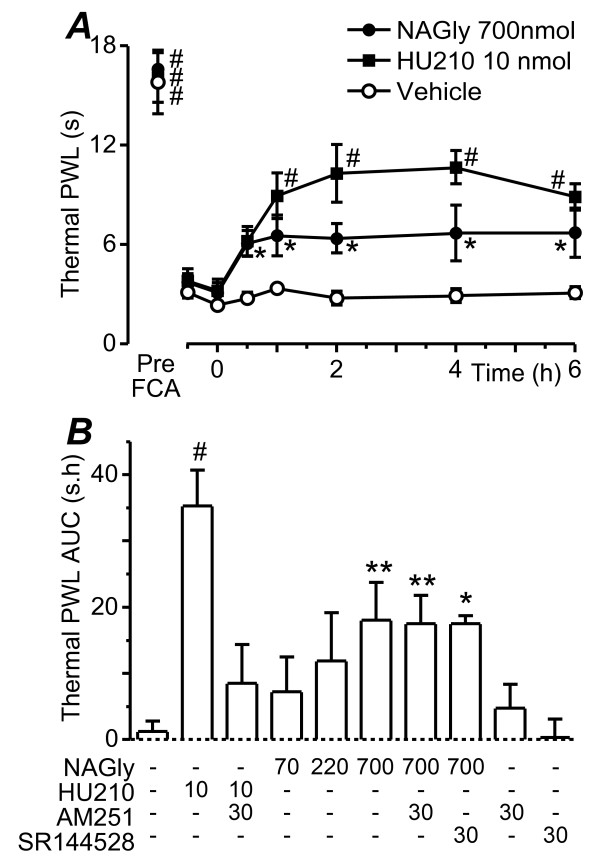 NA-glycine reduces thermal hyperalgesia. (a) Time plots of the effect of NA-glycine (NAGly,700 nmol, filled circles), HU-210 (10 nmol, filled squares), or vehicle (open circles) on thermal paw withdrawal latency (PWL). Animals received an intrathecal injection of NA-glycine, HU-210 or a matched vehicle at time 0 h, 24 h after intraplantar injection of FCA. Data is also shown prior to FCA injection (Pre-FCA). (b) Bar charts depicting the effect of intrathecal injection of combinations of NA-glycine (NAGly 70 – 700 nmol), HU-210 (10 nmol), AM251 (30 nmol) and vehicle on mean thermal paw withdrawal latency, measured as the area-under-the-curve (AUC). * denotes P < 0.05, ** P < 0.01 and # P < 0.0001 compared to time 0 post-FCA in (a) and vehicle in (b).