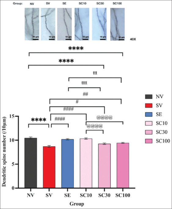 Cannabidiol treatment improved hippocampal dendritic spine density. Data are expressed as mean ± standard error of the mean, n = 4 rats per group. ****p < 0.0001 compared with the vehicle-treated non-stressed animals. #p < 0.05, ## p < 0.01, and Vetworld-18-2823-g006.jpgp < 0.0001 compared with the vehicle-treated animals with CRS. tttp < 0.001 and ttttp < 0.0001 compared with escitalopram-treated CRS animals. @@@@p < 0.0001 compared with cannabidiol (CBD, 10 mg/kg)-treated CRS animals. CBD (30 mg/kg)-treated CRS animals in the SC30 group; CBD (100 mg/kg)-treated CRS animals in the SC100 group. CRS=Chronic restraint stress.