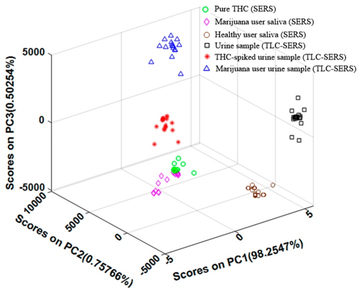 PCA scatter plot of SERS spectra of the first three PC score: pure THC (SERS), marijuana user saliva (SERS), healthy people saliva, urine sample (TLC-SERS), THC-spiked urine sample (TLC-SERS), and marijuana user’s urine sample (TLC-SERS).