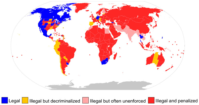 The legality of consuming cannabis globally for recreational purposes [104].