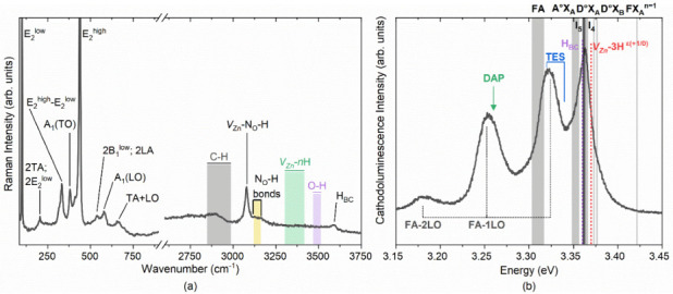 (a) Raman spectrum acquired on an array of undoped ZnO MRs grown by CBD and annealed for 3 h at 300 °C under oxygen atmosphere. The insets delimit the calculated and experimental vibrational frequencies from Raman and infrared absorption spectroscopy as deduced from Refs. [38,39,47,49,51,52,53]; (b) 5 K cathodoluminescence spectrum acquired on a single undoped ZnO MR grown by CBD and annealed for 3 h at 300 °C under oxygen atmosphere with a special emphasis on the NBE emission region. The insets represent the emission energy of optical transitions as deduced from DFT calculations and from experimental data in Refs. [38,39,54,55].