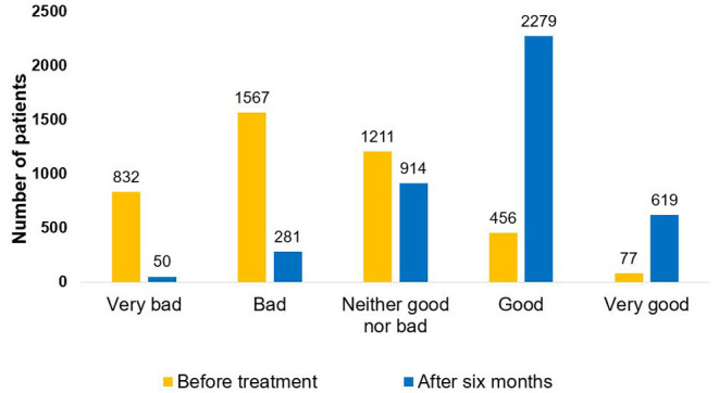 Quality of life assessment. Quality of life was assessed prior to and 6 months after initiation of cannabis treatment (p < 0.001). Assessment was done on 4,143 patients who responded twice to this question.