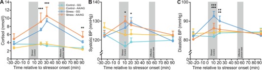 Physiological changes in the experimental groups. Independent of CNR1 genotype and compared to a non-stressful control manipulation, exposure to the TSST led to significant increases in (A) salivary cortisol concentrations and (B) systolic blood pressure. Whereas stress also increased (C) diastolic blood pressure, this increase was only observed in rs1049353 GG genotype carriers. Stress vs Control ***P < 0.001 *P < 0.05, Stress/GG genotype vs all other groups ###P < 0.001 #P < 0.01, error bars represent SEM.