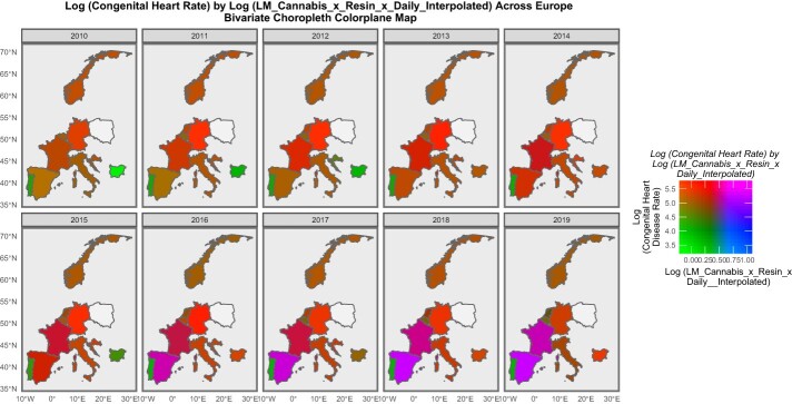 Bivariate colorplane sequential map-graphs of log (rates of CHD) by last month cannabis use: cannabis resin THC concentration: daily cannabis use interpolated across selected European countries over time, 2010–2019