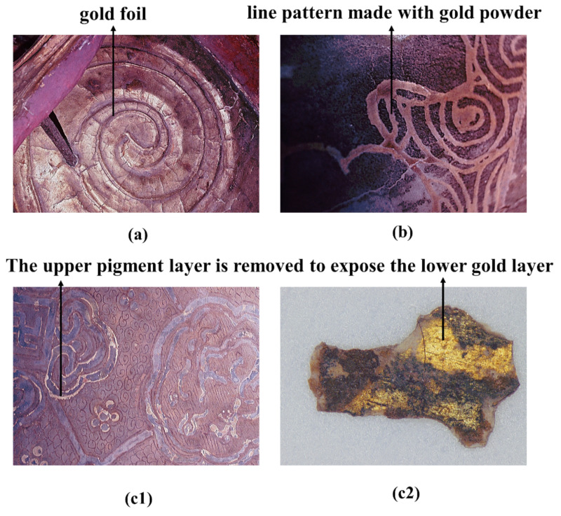 Digital microscopy (DM) of “gilding technique”: (a,b,c1) in situ microphotographs; (c2) flaked sample (SFD-33).
