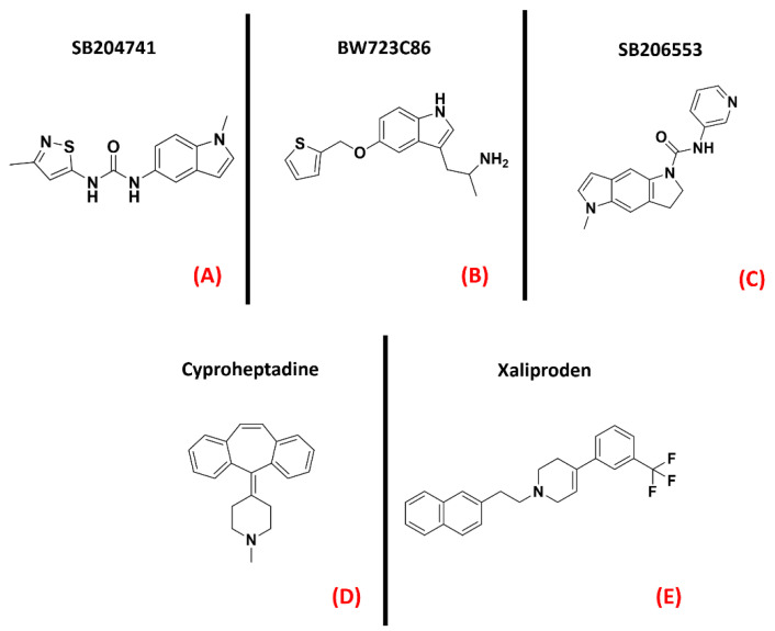 The chemical structures of the serotonin receptor modulators are treated in this review. The selective 5-HT2B antagonist SB204741 (A), the 5-HT2B agonist BW723C86 (B). (C) Structure of the 5-HT2B/C mixed inverse agonistSB206553; (D) chemical structure of Cyproheptadine, a non-selective mixed serotonin receptor antagonist (which is an inverse agonist of 5-HT2B). (E) Structureof the 5-HT1A receptor agonist Xaliproden.