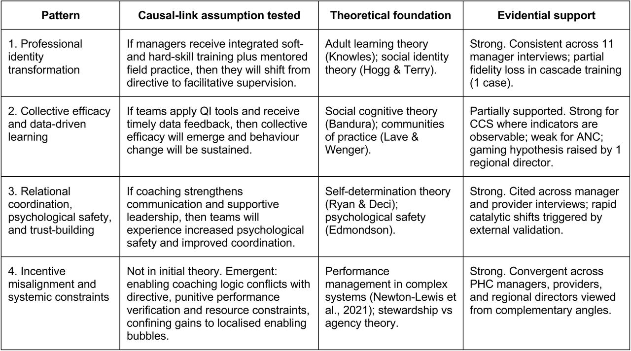 Causal-link patterns, theoretical foundations, and evidential support.