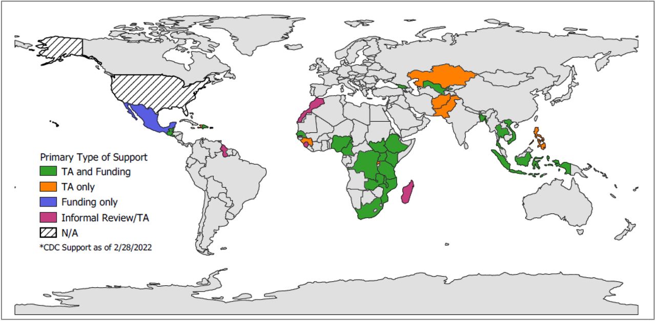 CDC Support to SARS-CoV-2 international seroprevalence surveys as of February 28, 2022 (N= 72 surveys / 77 survey rounds)Note: TA: Technical assistance. Greyed countries did not receive CDC assistance.Map developed using QGIS Software and Natural Earth base layer [18, 19].