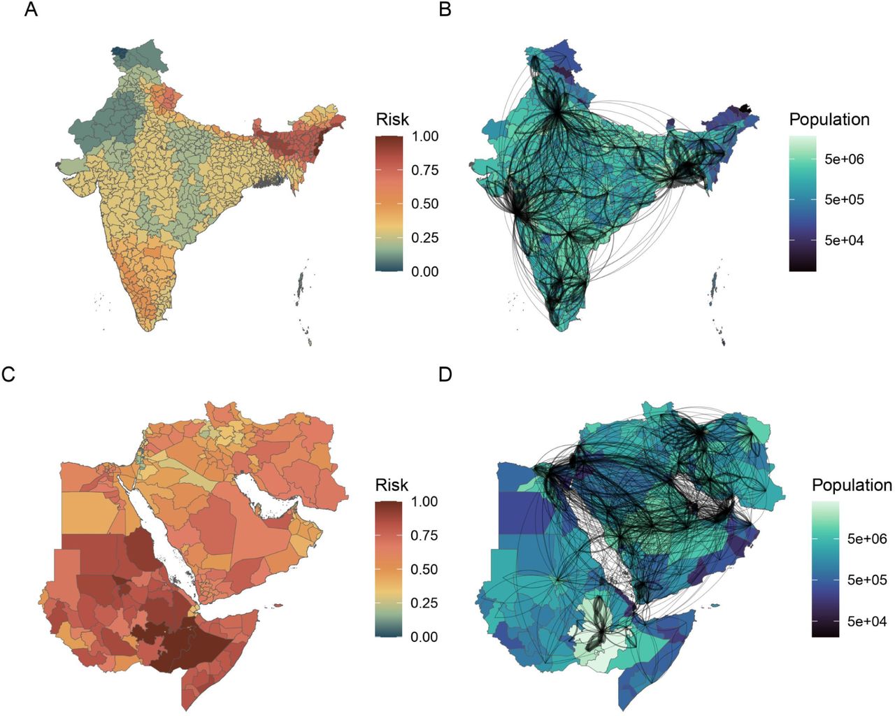 Spatial heterogeneity driving simulated epidemic dynamics.For both Nipah virus (A,B) and MERS-CoV (C,D), simulations happen in two stages: outbreaks are generated, and then spread on a human metapopulation. In the emergence stage, spillover risk is generated from mechanistic predictions and scaled from 0 to 1 (A,C). In the epidemic stage, spread is governed by population density, healthcare access, and a gravity model for traveler frequency (B,D; network edge weight indicates relative traveler volume; and only larger population centers are shown for visualization purposes). The countries included in the regions are listed in Table S1 and S2.