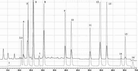 HPLC-FLD chromatogram of a hemp seed oil fraction. Upper line shows the oil sample chromatogram, and the lower one chromatogram of the standard solution. (1 Naf, 2,3 Acy and Ace, 4 Fluo, 5 Phe, 6 Ant, 7 Flua, 8 Pyr, 9 B[a]A, 10 Chry, 11 B[b]F, 12 B[k]F, 13 B[a]P, 14 [DB[ah]A, 15 B[ghi]P, 16 IndP.)