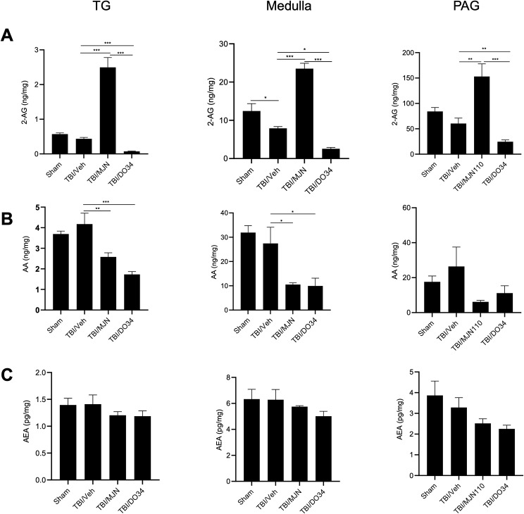 MJN110 and DO34 had opposite effects on the levels of 2-AG in TG, medulla and PAG. On day 7 post-TBI, fresh tissues from TG, medulla and PAG regions were subject to mass spectrometry to measure the 2-AG, AA and AEA contents. TBI animals treated with MJN showed highest 2-AG levels compared with the TBI/vehicle and the DO34 treatment groups in the TG, medulla and PAG regions (A). MJN and DO34 treatment significantly reduced AA in TG and medulla (B). The levels of AEA were not significantly altered in all the experimental groups (C). *, p < 0.05, **, p < 0.01, and ***, p < 0.001 (n = 10/group)
