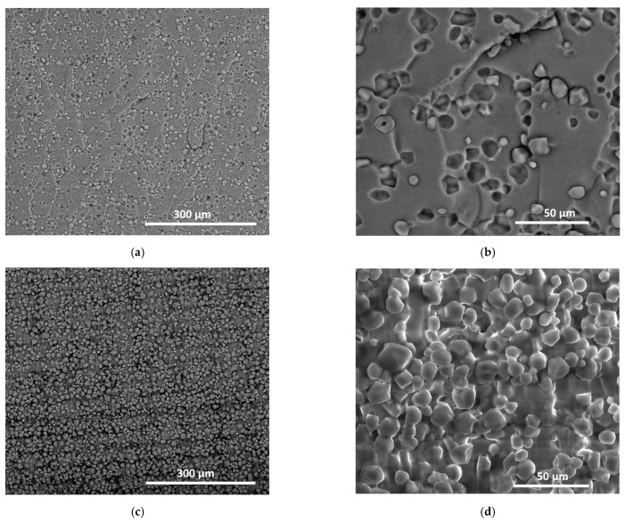 SEM micrographs of 3D-printed composites reinforced by starch granules. (a,b) surface view, and (c,d) bulk view.