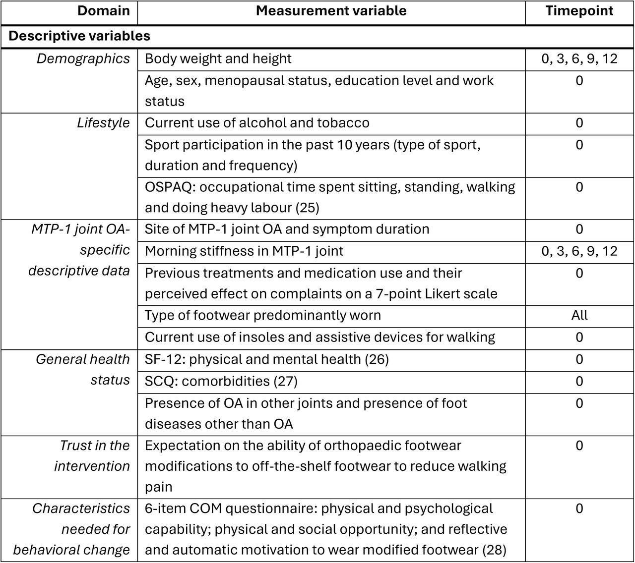 Overview of descriptive variables and outcome measures collected by questionnaires during the 12-month study period.