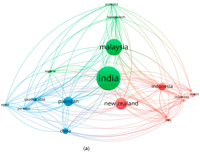 Scientific visualization of countries in the related research area up to 2022: (a) Network visualization. (b) Density visualization.