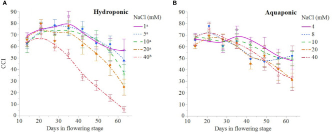 C. sativa leaf chlorophyll content index (CCI) throughout the flowering stage (time) for plants grown in hydroponic solution (A) and aquaponic (B) with different NaCl concentrations. Data points are mean ± standard error (n = 6). NaCl concentrations with differing superscript letters (i.e., a,b) indicate signficant differences according to contrast statements (F-tests) comparing all time points at P < 0.0001.