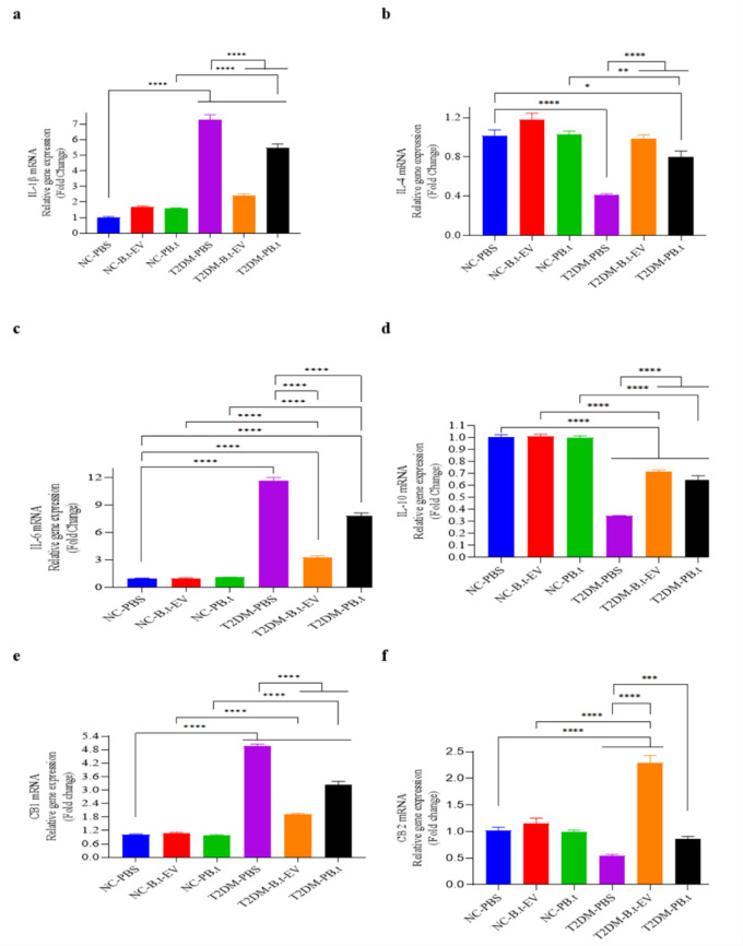 The effect of PB.t and B.t-EVs on the mRNA expression of inflammatory-related genes in rat colon tissue. (a) Il-1β (Interleukin-1 beta), (b) IL-4 (Interleukin-4), (c) IL-6 (Interleukin-6), (d) IL-10 (Interleukin-10), (e) CB1 (Cannabinoid Receptor Type 1), and (f) CB2 (Cannabinoid Receptor Type 2). Data are expressed as mean ± SEM (standard error of mean) (n = 8/group); *, P < 0.05; **, P < 0.01; ***, P < 0.001; ****, P < 0.0001 by post hoc Bonferroni's One-way analysis of variance (ANOVA).Groups categories: NC-PBS (normal control rats gavaged with PBS); NC-B.t-EV (NC gavaged with Bacteroides thetaiotaomicron (B.t)'s Extracellular Vesicles); NC-PB.t (NC gavaged with Pasteurized B.t); T2DM-PBS (type 2 diabetes mellitus gavaged with PBS); T2DM-B.t-EV (T2DM rats gavaged with B.t-EV); T2DM-PB.t (T2DM rats gavaged with PB.t).