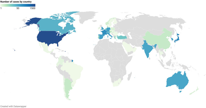 Number of reported cases according to each country. The non-linear scale displayed above indicates the colour corresponding to the number of cases reported for each country