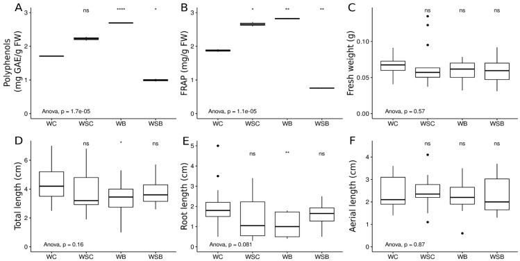Boxplot representation of germination results of (A) polyphenols, (B) FRAP, (C) fresh weight, (D) total weight, (E) root length, and (F) aerial part length in each of the treatment groups (WC, without inoculum and no sucrose addition; WSC, without inoculum and sucrose addition; WB, with inoculum and no sucrose addition; WSB, with inoculum and sucrose addition). Results of the ANOVA comparison (p-value) between treatments is reported as notation below the boxplot. Results of statistical comparison, using t-test, of each treatment group with respect to the control (WC treatment) are reported as annotations above each boxplot (ns: not significant; * p < 0.05; ** p < 0.01; **** p < 0.0001).