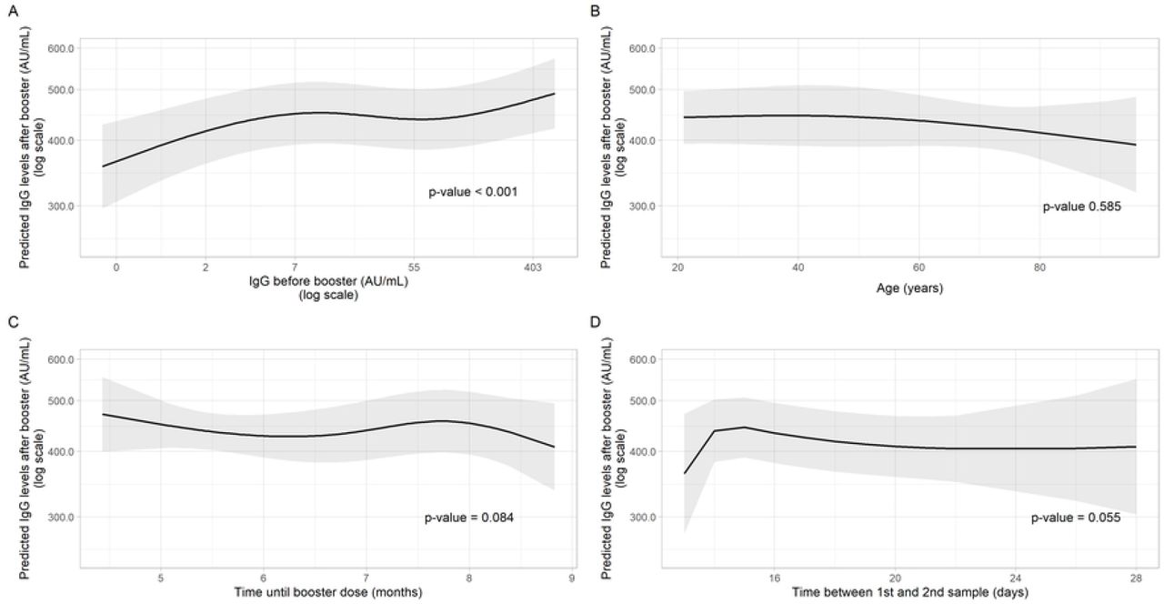Predicted IgG levels (AU/ml) after vaccine booster (logarithm scale) with 95% confidence intervals obtained from a multivariate linear model using Geometric Means and robust standard errors (y-axis). Numeric variables in the x-axis were treated as restricted cubic B-splines functions with the spline knots set according to Harrell’s criteria. The x-axis displays IgG levels before booster in a logarithm scale (A), age in years (B), time between second the third vaccine dose in months (C), and time between first and second blood sample in days (D).